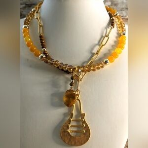Natural Yellow Jade & Citrine Two Strand Bead In Paperclip Chain Necklace